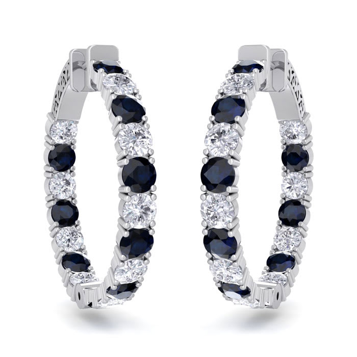 7 Carat Sapphire and Diamond Hoop Earrings In 14 Karat White Gold, 1 1/4 Inch