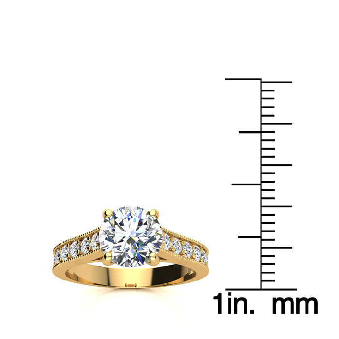 Moissanite Engagement Ring; 2 Carat Round Shape Moissanite Engagement Ring In 14 Karat Yellow Gold