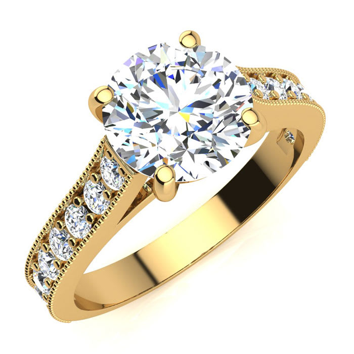 Moissanite Engagement Ring; 2 1/2 Carat Round Shape Moissanite Engagement Ring In 14 Karat Yellow Gold