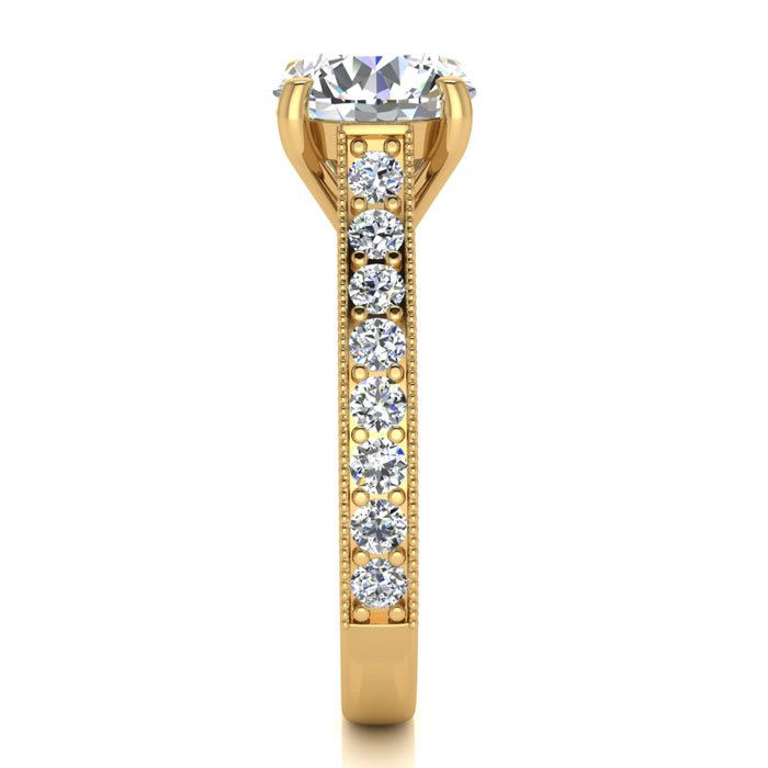 Moissanite Engagement Ring; 2 1/2 Carat Round Shape Moissanite Engagement Ring In 14 Karat Yellow Gold