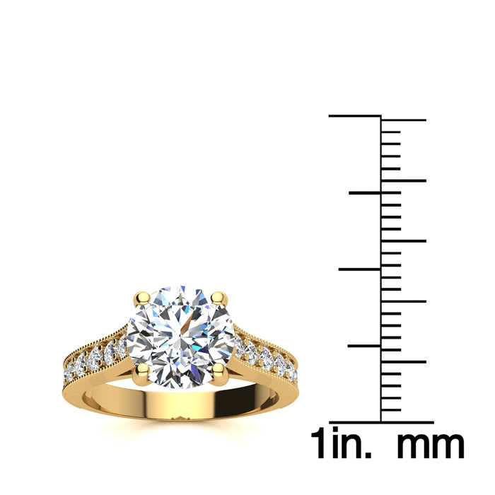 Moissanite Engagement Ring; 2 1/2 Carat Round Shape Moissanite Engagement Ring In 14 Karat Yellow Gold