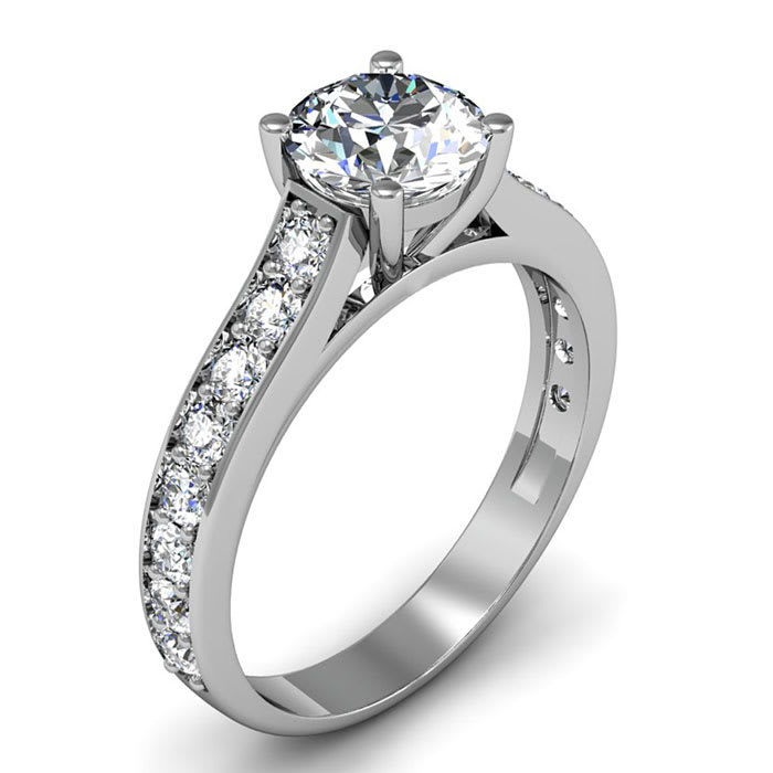 Moissanite Engagement Ring; 1 1/2 Carat Round Shape Moissanite Engagement Ring In 14 Karat White Gold