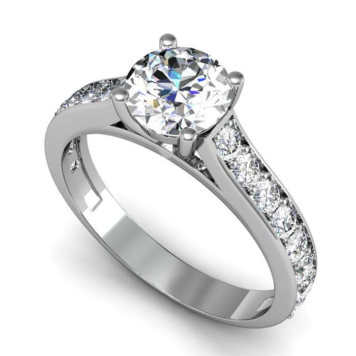 Moissanite Engagement Ring; 1 1/2 Carat Round Shape Moissanite Engagement Ring In 14 Karat White Gold