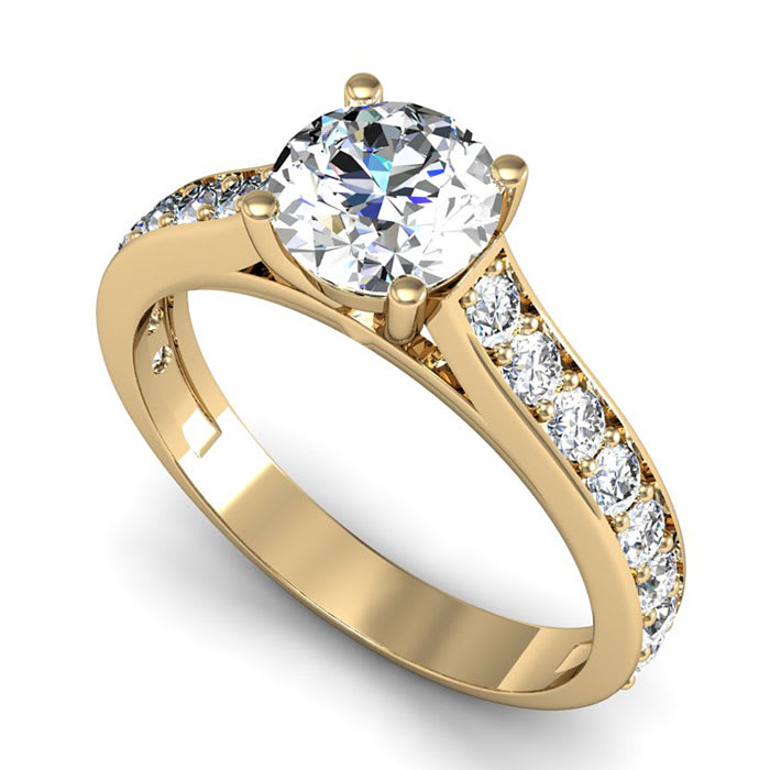 Moissanite Engagement Ring; 1 1/2 Carat Round Shape Moissanite Engagement Ring In 14 Karat Yellow Gold