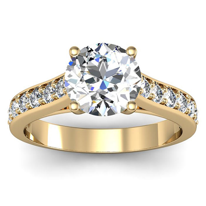 Moissanite Engagement Ring; 2 Carat Round Shape Moissanite Engagement Ring In 14 Karat Yellow Gold
