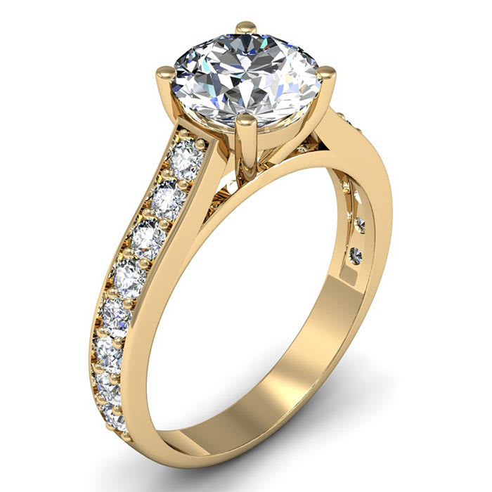 Moissanite Engagement Ring; 2 Carat Round Shape Moissanite Engagement Ring In 14 Karat Yellow Gold