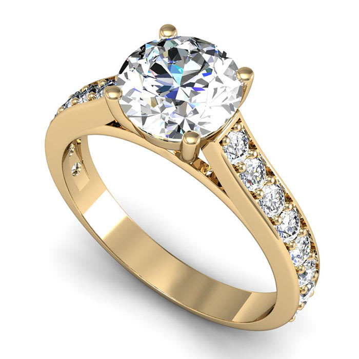 Moissanite Engagement Ring; 2 Carat Round Shape Moissanite Engagement Ring In 14 Karat Yellow Gold