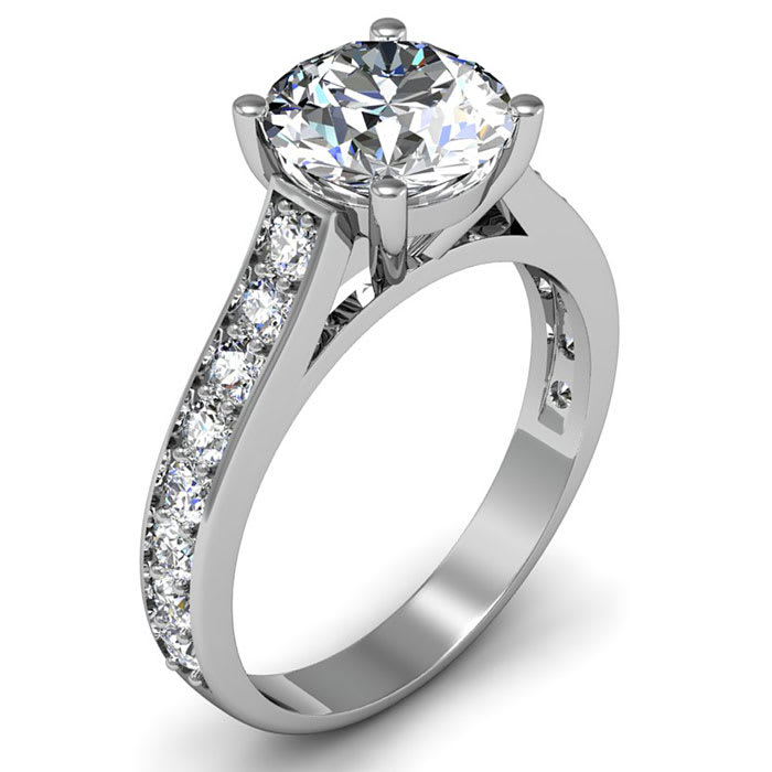 Moissanite Engagement Ring; 2 1/2 Carat Round Shape Moissanite Engagement Ring In 14 Karat White Gold