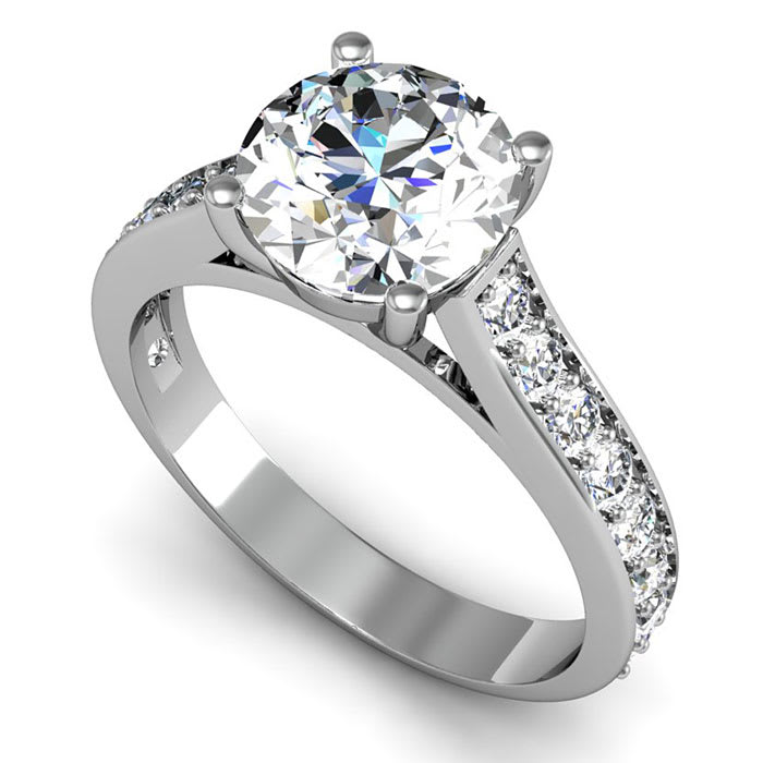 Moissanite Engagement Ring; 2 1/2 Carat Round Shape Moissanite Engagement Ring In 14 Karat White Gold