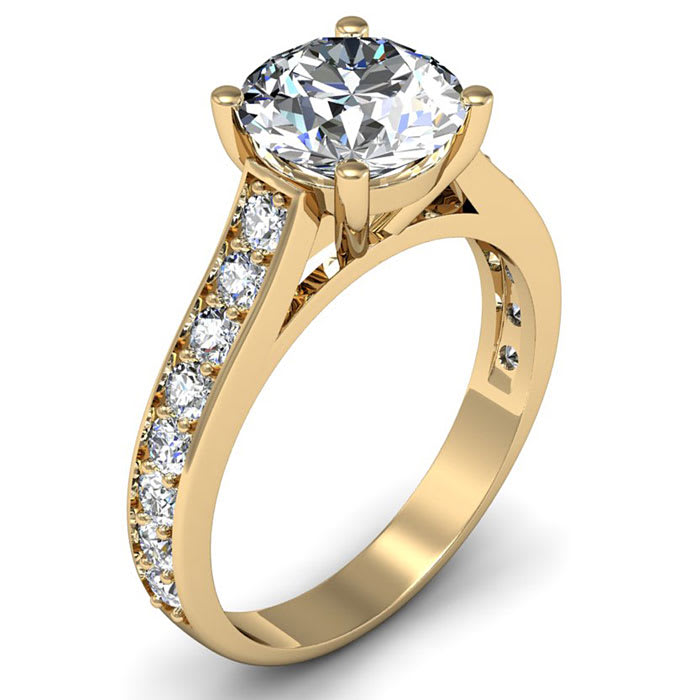 Moissanite Engagement Ring; 2 1/2 Carat Round Shape Moissanite Engagement Ring In 14 Karat Yellow Gold
