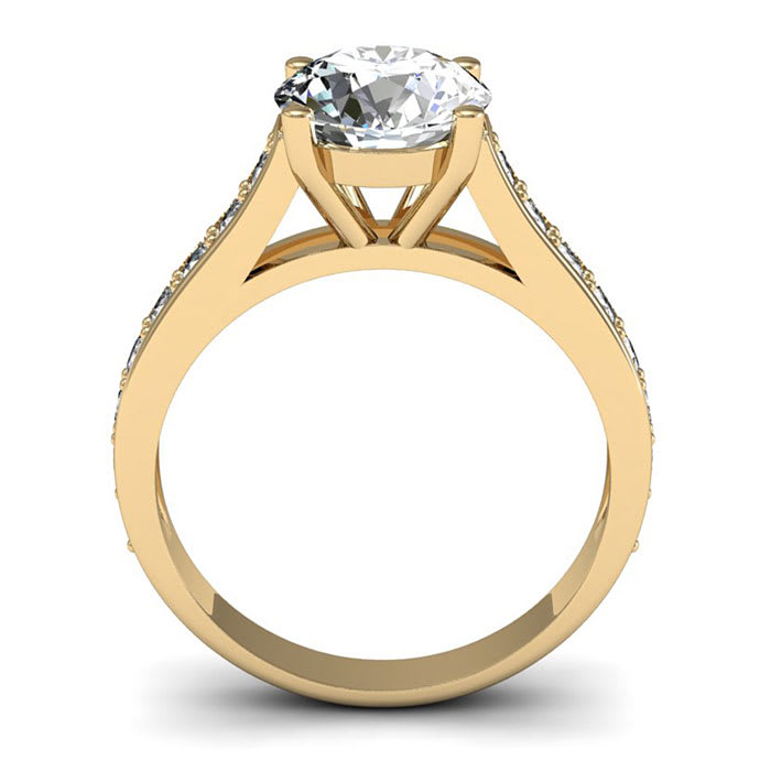 Moissanite Engagement Ring; 2 1/2 Carat Round Shape Moissanite Engagement Ring In 14 Karat Yellow Gold