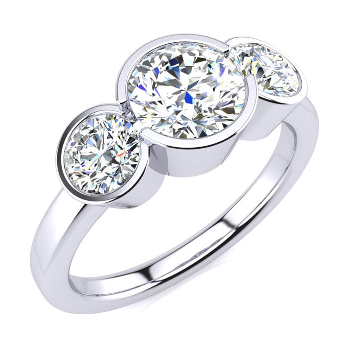 Moissanite Engagement Ring; 2 1/4 Carat Bezel Set Three Stone Moissanite Ring In 14 Karat White Gold