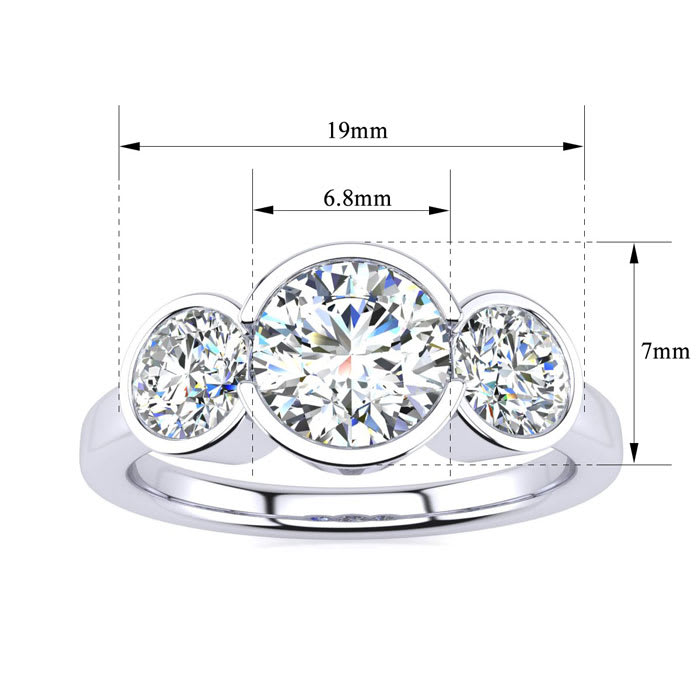 Moissanite Engagement Ring; 2 1/4 Carat Bezel Set Three Stone Moissanite Ring In 14 Karat White Gold