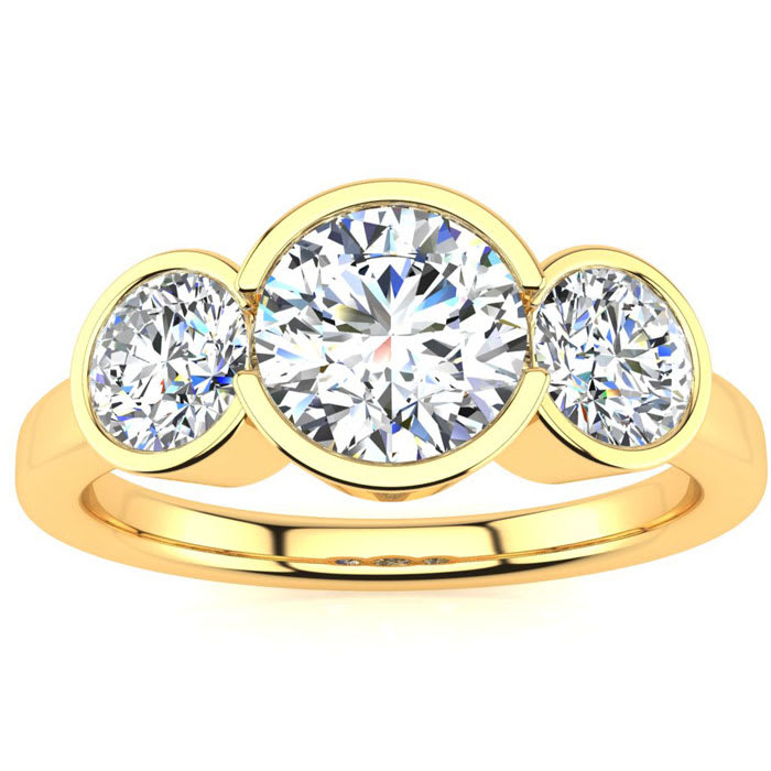 Moissanite Engagement Ring; 2 1/4 Carat Bezel Set Three Stone Moissanite Ring In 14 Karat Yellow Gold