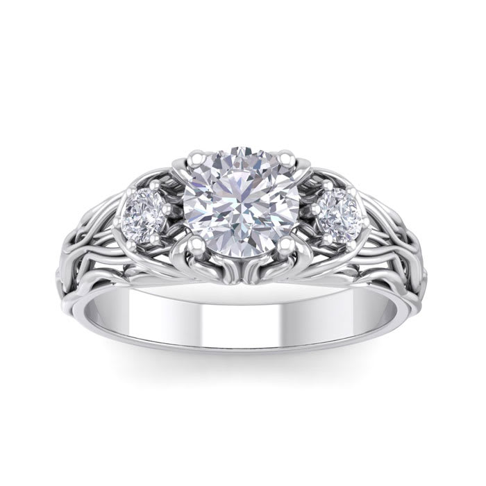 Moissanite Engagement Ring; 1 1/4 Carat Round Shape Moissanite Intricate Vine Engagement Ring In 14 Karat White Gold