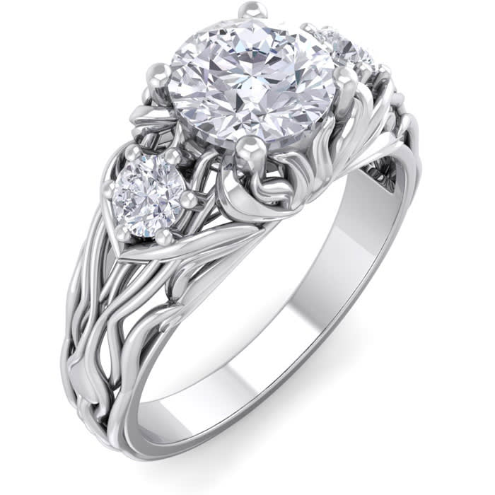 Moissanite Engagement Ring; 1 1/4 Carat Round Shape Moissanite Intricate Vine Engagement Ring In 14 Karat White Gold