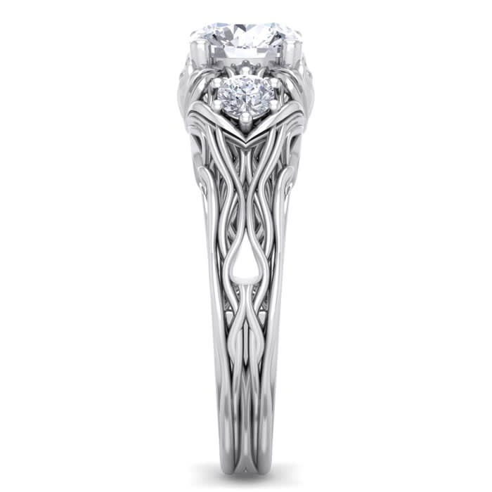 Moissanite Engagement Ring; 1 1/4 Carat Round Shape Moissanite Intricate Vine Engagement Ring In 14 Karat White Gold