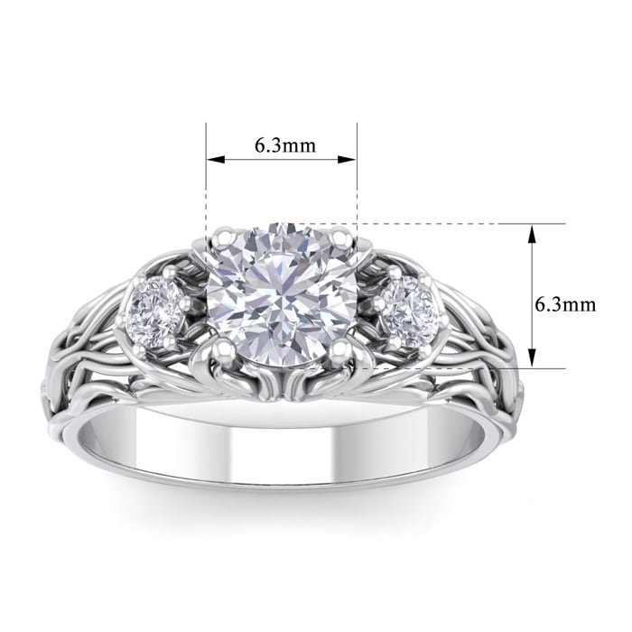 Moissanite Engagement Ring; 1 1/4 Carat Round Shape Moissanite Intricate Vine Engagement Ring In 14 Karat White Gold