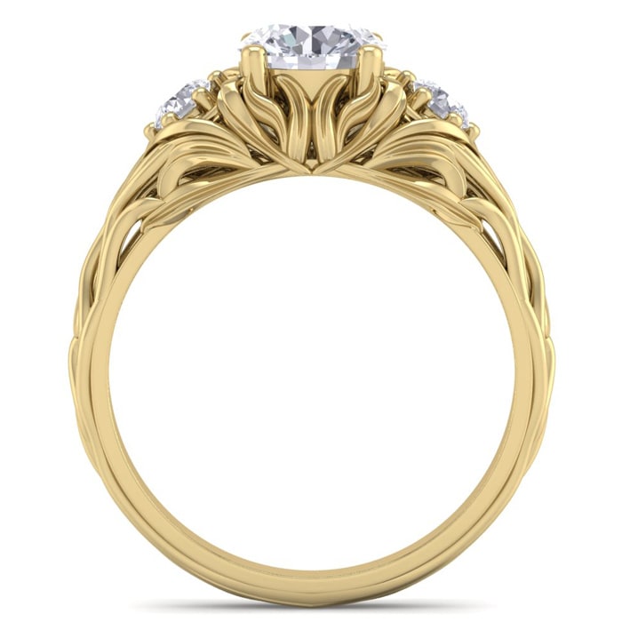 Moissanite Engagement Ring; 1 1/4 Carat Round Shape Moissanite Intricate Vine Engagement Ring In 14 Karat Yellow Gold