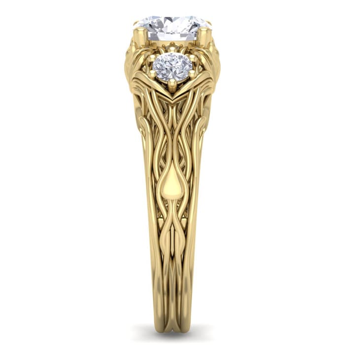 Moissanite Engagement Ring; 1 1/4 Carat Round Shape Moissanite Intricate Vine Engagement Ring In 14 Karat Yellow Gold