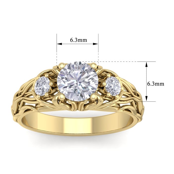 Moissanite Engagement Ring; 1 1/4 Carat Round Shape Moissanite Intricate Vine Engagement Ring In 14 Karat Yellow Gold