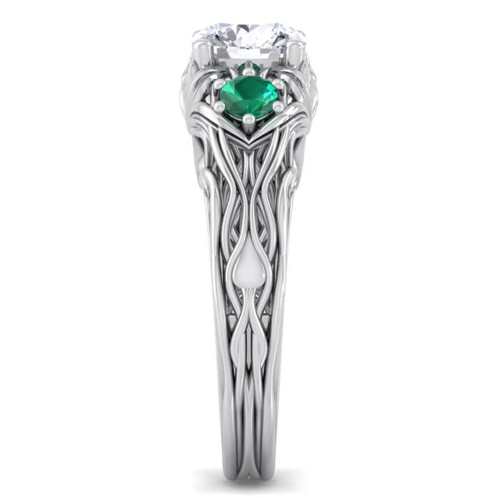 Moissanite Engagement Ring; 1 1/4 Carat Round Shape Moissanite and Emerald Intricate Vine Engagement Ring In 14 Karat White Gold