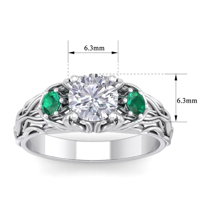 Moissanite Engagement Ring; 1 1/4 Carat Round Shape Moissanite and Emerald Intricate Vine Engagement Ring In 14 Karat White Gold