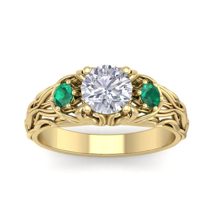 Moissanite Engagement Ring; 1 1/4 Carat Round Shape Moissanite and Emerald Intricate Vine Engagement Ring In 14 Karat Yellow Gold