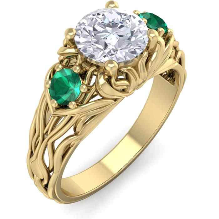 Moissanite Engagement Ring; 1 1/4 Carat Round Shape Moissanite and Emerald Intricate Vine Engagement Ring In 14 Karat Yellow Gold