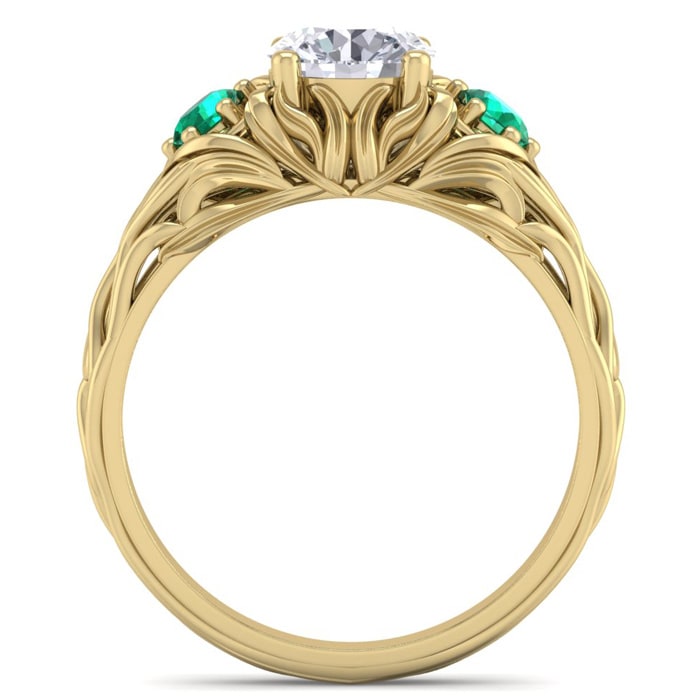 Moissanite Engagement Ring; 1 1/4 Carat Round Shape Moissanite and Emerald Intricate Vine Engagement Ring In 14 Karat Yellow Gold