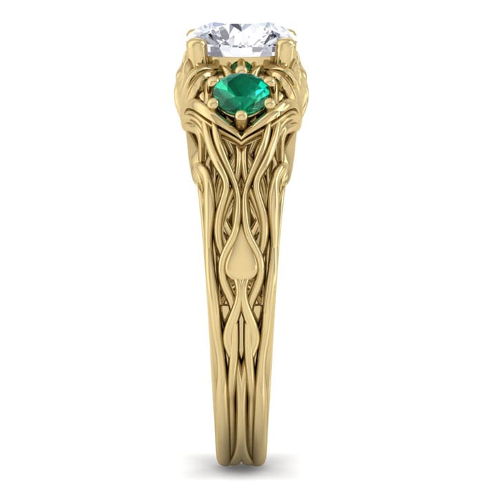 Moissanite Engagement Ring; 1 1/4 Carat Round Shape Moissanite and Emerald Intricate Vine Engagement Ring In 14 Karat Yellow Gold
