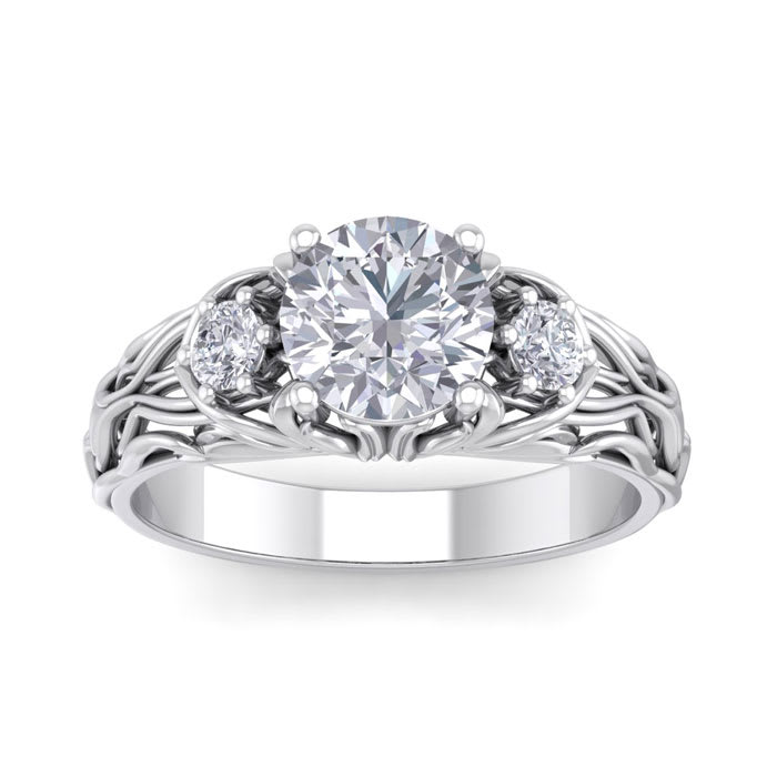 Moissanite Engagement Ring; 1 3/4 Carat Round Shape Moissanite Intricate Vine Engagement Ring In 14 Karat White Gold
