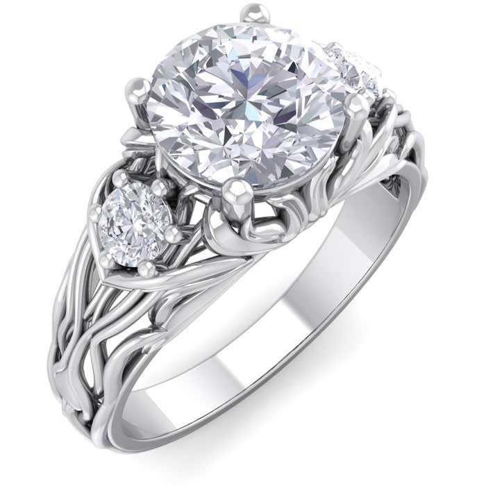 Moissanite Engagement Ring; 1 3/4 Carat Round Shape Moissanite Intricate Vine Engagement Ring In 14 Karat White Gold