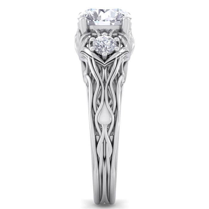 Moissanite Engagement Ring; 1 3/4 Carat Round Shape Moissanite Intricate Vine Engagement Ring In 14 Karat White Gold