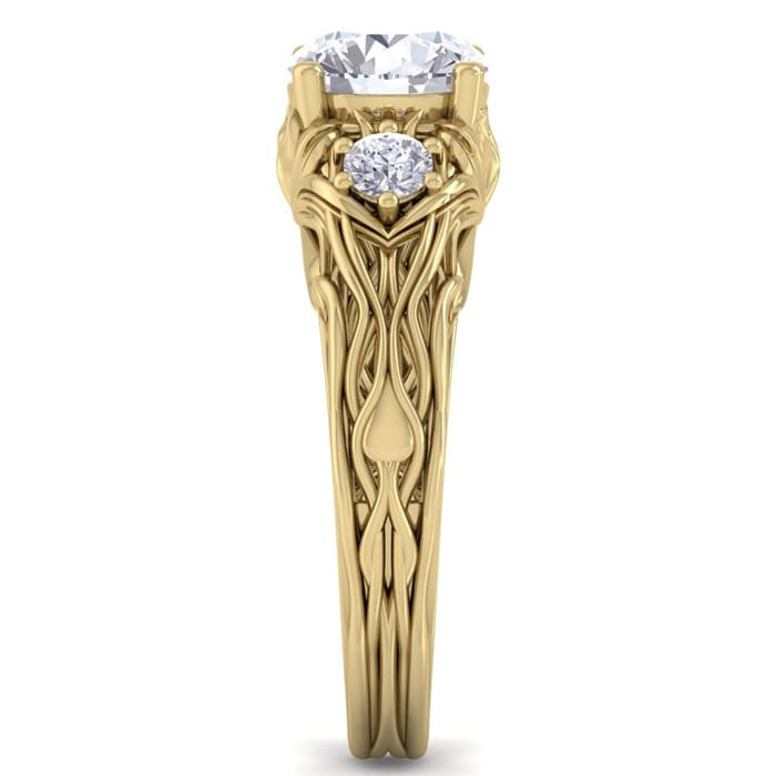 Moissanite Engagement Ring; 1 3/4 Carat Round Shape Moissanite Intricate Vine Engagement Ring In 14 Karat Yellow Gold