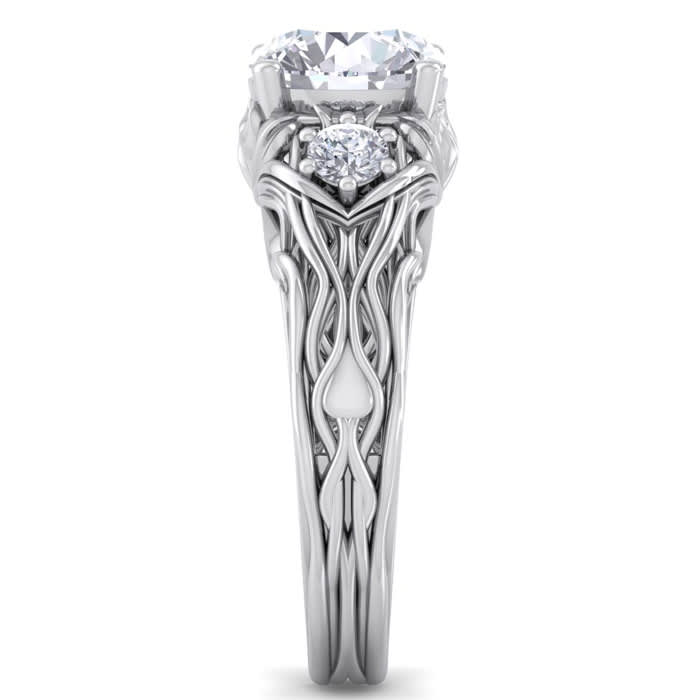 Moissanite Engagement Ring; 2 1/4 Carat Round Shape Moissanite Intricate Vine Engagement Ring In 14 Karat White Gold