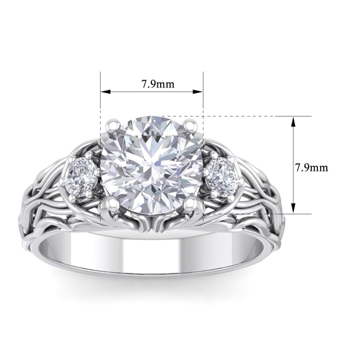 Moissanite Engagement Ring; 2 1/4 Carat Round Shape Moissanite Intricate Vine Engagement Ring In 14 Karat White Gold