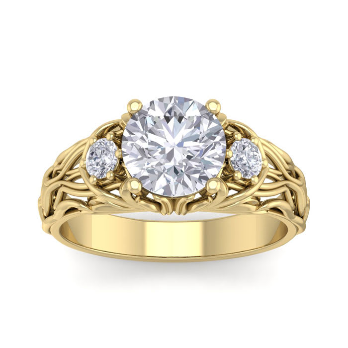 Moissanite Engagement Ring; 2 1/4 Carat Round Shape Moissanite Intricate Vine Engagement Ring In 14 Karat Yellow Gold