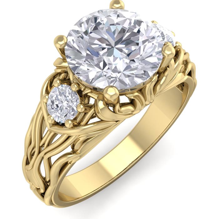 Moissanite Engagement Ring; 2 1/4 Carat Round Shape Moissanite Intricate Vine Engagement Ring In 14 Karat Yellow Gold