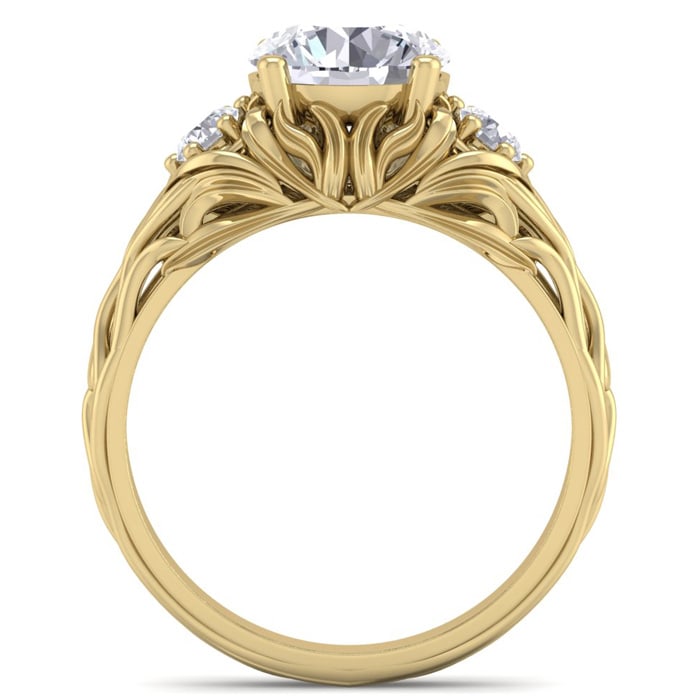 Moissanite Engagement Ring; 2 1/4 Carat Round Shape Moissanite Intricate Vine Engagement Ring In 14 Karat Yellow Gold