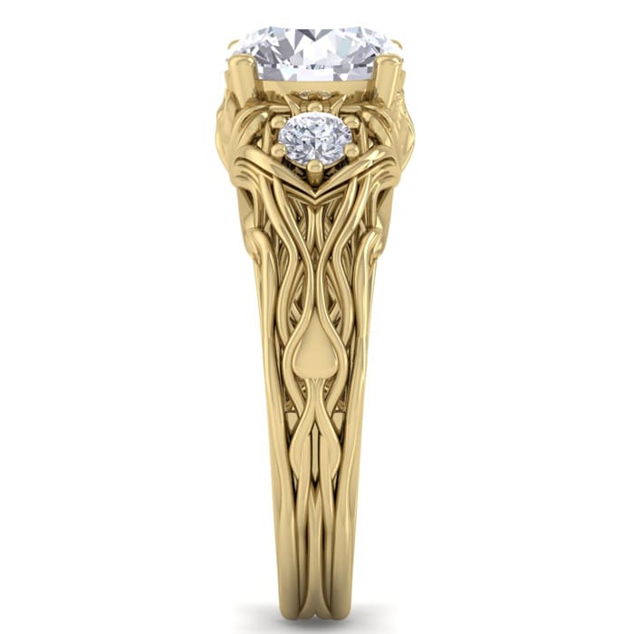 Moissanite Engagement Ring; 2 1/4 Carat Round Shape Moissanite Intricate Vine Engagement Ring In 14 Karat Yellow Gold