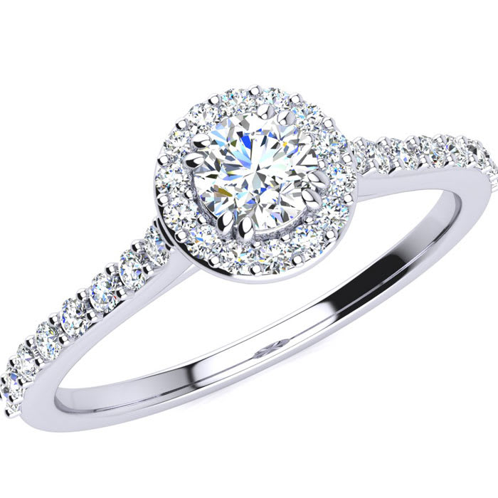 Moissanite Engagement Ring; 1/2 Carat Round Shape Halo Moissanite Engagement Ring In 14 Karat White Gold