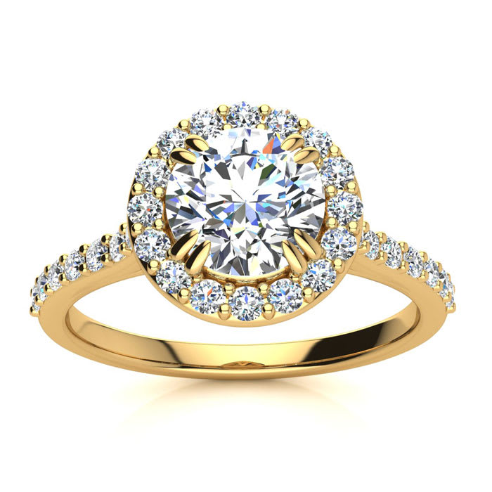 Moissanite Engagement Ring; 1 1/4 Carat Round Shape Halo Moissanite Engagement Ring In 14 Karat Yellow Gold