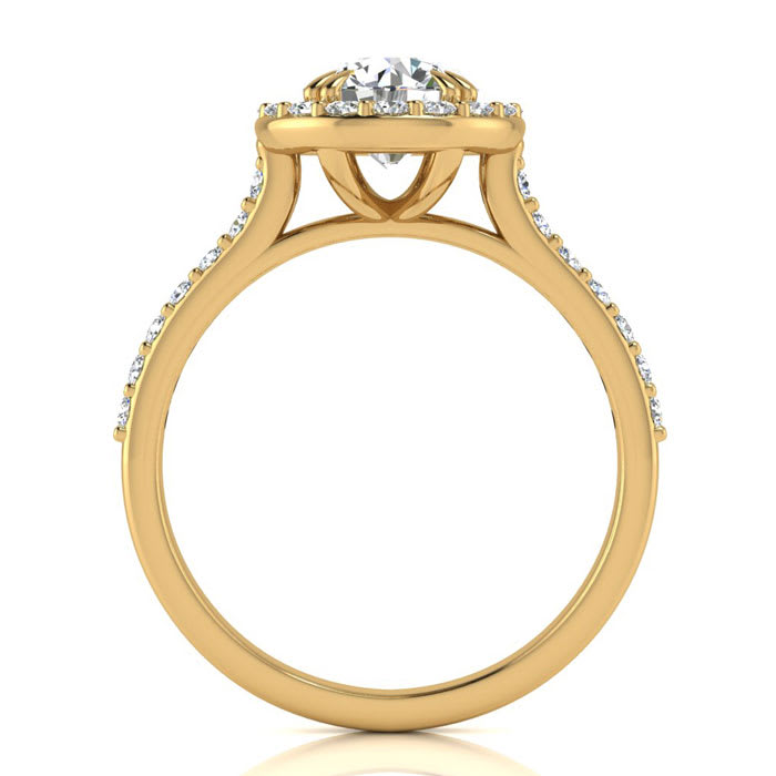 Moissanite Engagement Ring; 1 1/4 Carat Round Shape Halo Moissanite Engagement Ring In 14 Karat Yellow Gold