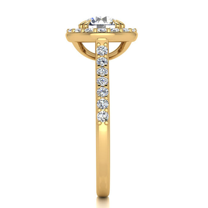 Moissanite Engagement Ring; 1 1/4 Carat Round Shape Halo Moissanite Engagement Ring In 14 Karat Yellow Gold