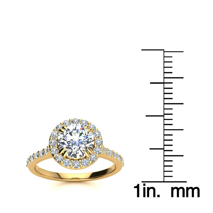 Moissanite Engagement Ring; 1 1/4 Carat Round Shape Halo Moissanite Engagement Ring In 14 Karat Yellow Gold