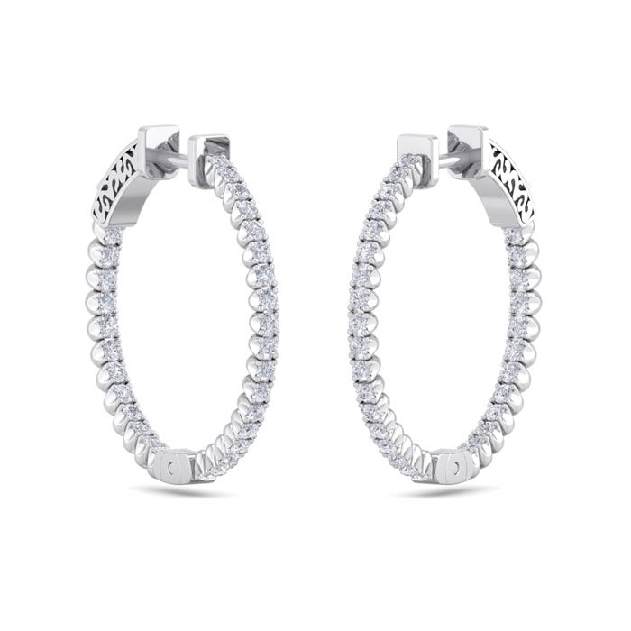 1 Carat Diamond Hoop Earrings In 14 Karat White Gold, 3/4 Inch