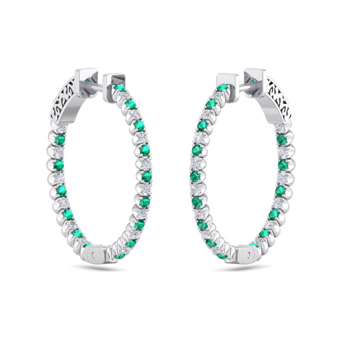 1 Carat Emerald and Diamond Hoop Earrings In 14 Karat White Gold, 3/4 Inch