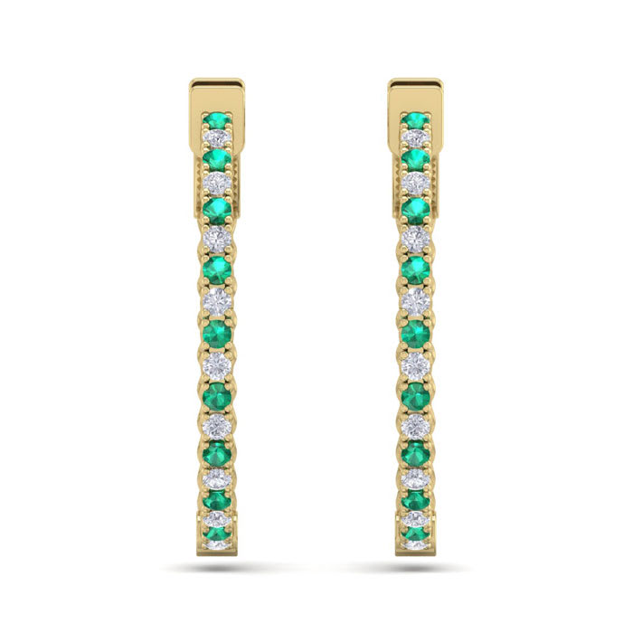 1 Carat Emerald and Diamond Hoop Earrings In 14 Karat Yellow Gold, 3/4 Inch