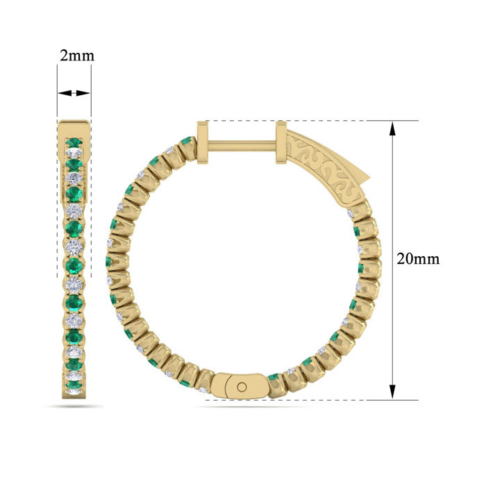 1 Carat Emerald and Diamond Hoop Earrings In 14 Karat Yellow Gold, 3/4 Inch